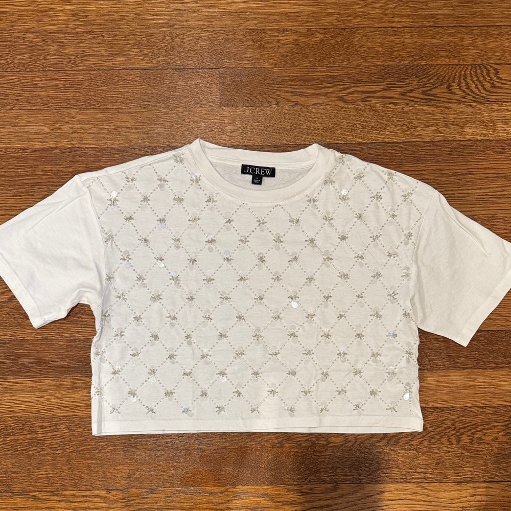 J. Crew White Cropped Embellished Short-Sleeve Top